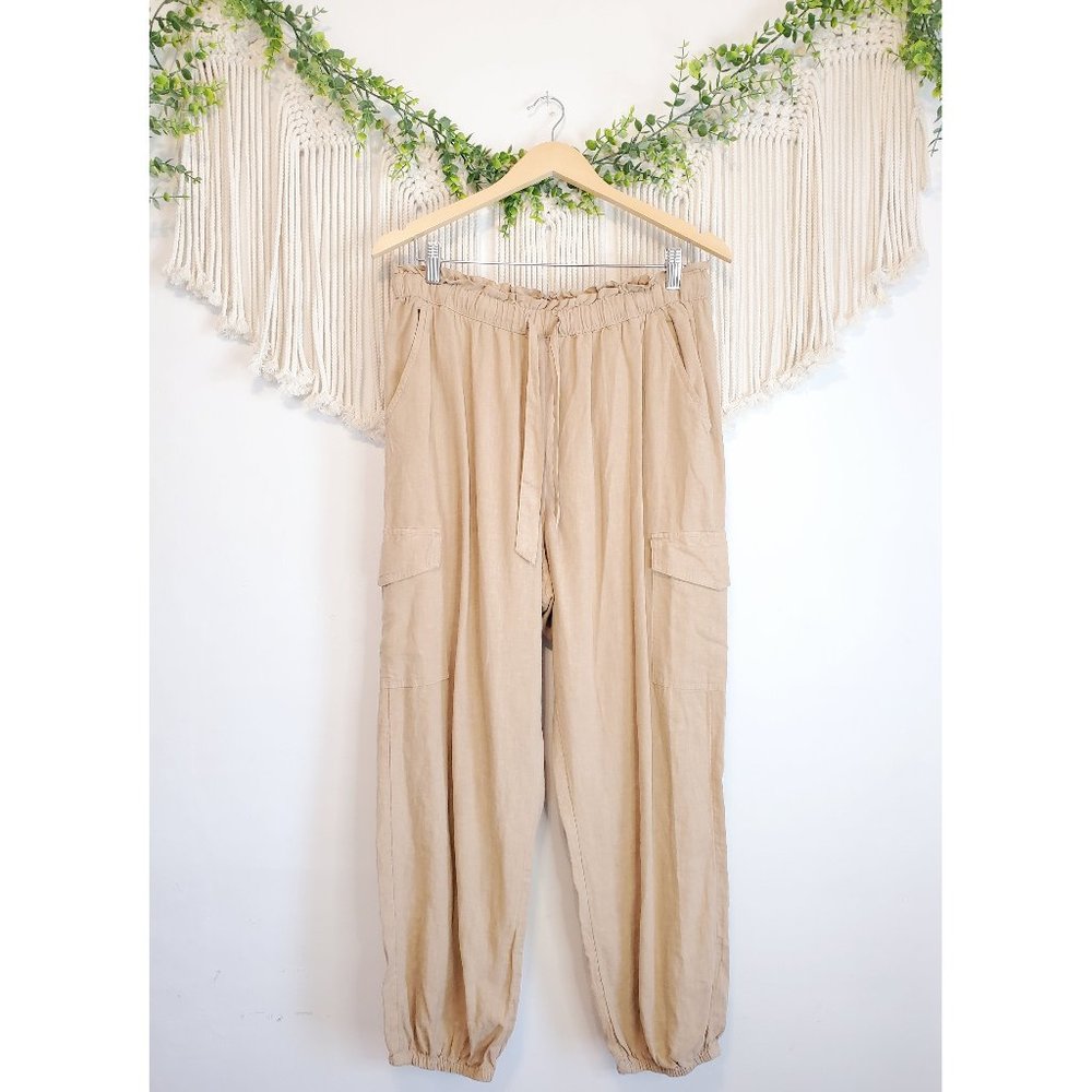 Aerie Neutral Beige Linen Blend Pull On Jogger Cargo Relaxed Pants, Size Large